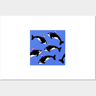 Gay pride rainbow orca killer whale. Seamless pattern on blue water background. Posters and Art